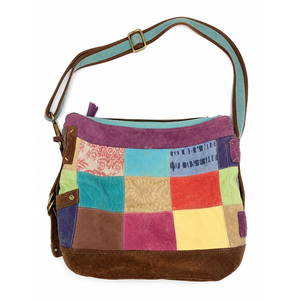Lucky Brand Vintage Rare Y2K Multicolor Patchwork Suede Corduroy Shoulder Bag